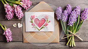 Greeting card on Mothers Day with kraft envelope decorated hyacinth flowers and heart on rustic background. Top view.