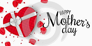 Greeting card for Mothers Day. Red gift box of heart with bow. White background. Rose petals and confetti. I love mommy. Calligrap