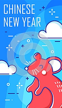 Greeting card with mouse and clouds on blue background. Thin line flat design. Vector