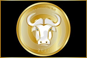 Greeting card, new year banner with gold coin dedicated to 2021 of the White metal bull.
