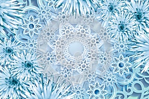 Greeting card for the new year. Blue snowflakes on a blue background. Floral christmas background