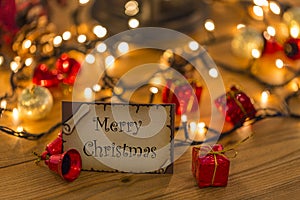 Greeting card for new year or christmas with christmas decors, lights