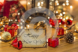 Greeting card for new year or christmas with christmas decors, lights