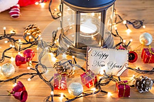 Greeting card for new year with christmas decors, lights