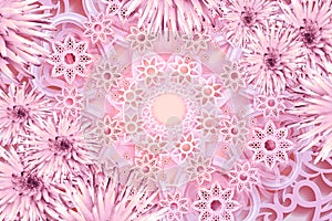 Greeting card for the new year. Pink  snowflakes on a pink background. Floral christmas background