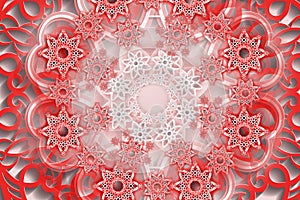 Greeting card for the new year. Red-white snowflakes on a pink background. Floral background