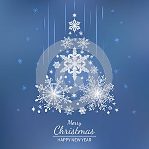 Greeting card with New Year`s holidays. Christmas tree of snowflakes