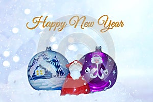 A greeting card for the New Year. Santa Claus are rushing to the New Year with a glass balls.