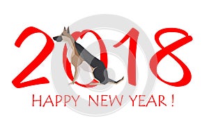Greeting card for New Year 2018 with sitting Dog German shepherd