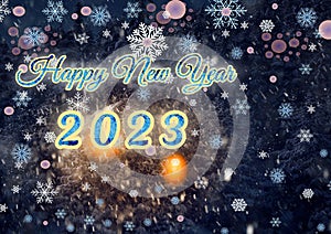 A greeting card for the new year. Sparkling numbers 2023 on the black night sky with falling snowflakes. Festive background.