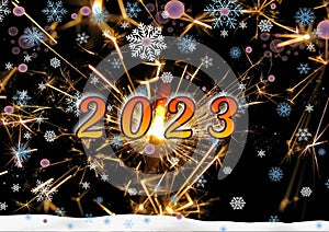 A greeting card for the new year. Sparkling numbers 2023 on the black night sky with falling snowflakes. Festive background.