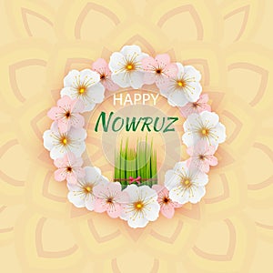Greeting card with Novruz holiday. Novruz Bayram background template. Spring flowers, painted eggs and wheat sprouts.