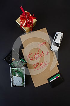 Greeting card, online banner on Father`s Day with an inscription - the father a happy day photo