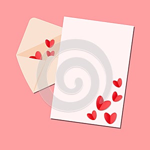 Greeting card ornate with red hearts on pink background with copy space for Valentines Day. Paper cut mockup vector