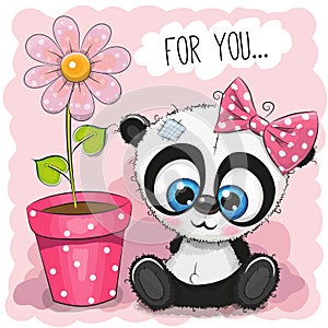 Greeting card Panda girl with flower