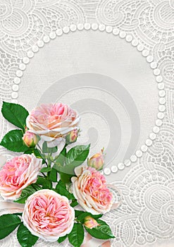 Greeting card with a pearl frame with space for text or photo, pink roses on a vintage lace background