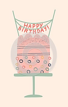 Greeting card with pink Bday cake and lettering. Hand drawn vector illustration in Boho style for print, card, banner