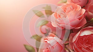 Greeting card in pink and beautiful flowers close up and copy space