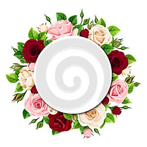 Greeting card with pink, burgundy and white roses flowers. Vector illustration.