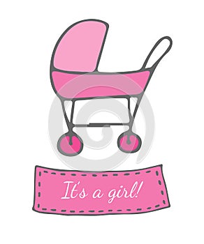 Greeting card with pink carriage and Itâ€™s a girl text