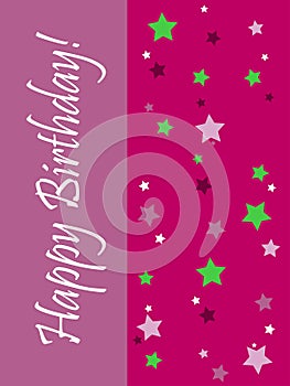 Greeting card with pink and green stars on burgundy backgroundand
