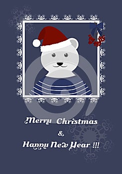 Greeting card with a polar bear in a santa hat in openwork frame. Christmas background