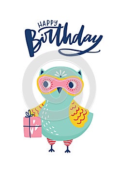 Greeting card or postcard template with adorable owl or owlet and Happy Birthday lettering handwritten with cursive