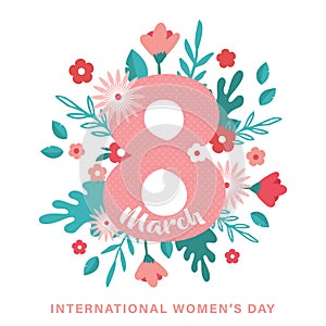 Greeting card or postcard template for World women's day. Happy Womens Day card with flowers . Modern floral vector
