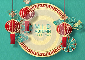 Greeting card and poster of Chinese Mid Autumn Festival in 3d and paper cut style