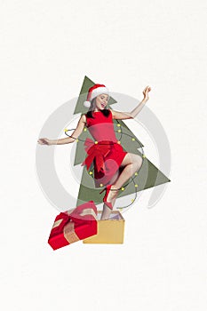 Greeting card poster collage of beautiful lady dancer enjoying eve occasion on fir evergreen tree gift box