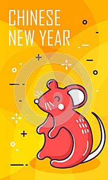 Greeting card with red mouse on yellow background. Thin line flat design.