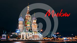 Greeting card with red square and St. Basil`s Cathedral in Moscow in Russia at night