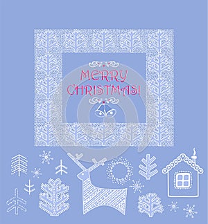 Greeting card with reindeer silhouettes and decorative frame for winter holidays with snowy trees silhouettes on the pastel blue b