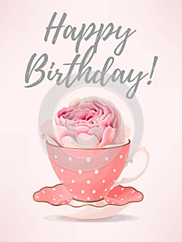 Greeting card with rose in teacup