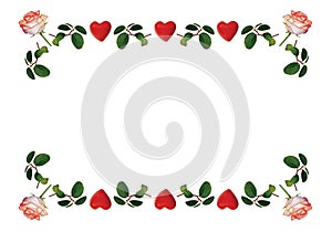 Greeting card with roses and red hearts.