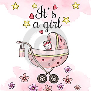 Greeting card It`s a girl with baby carriage