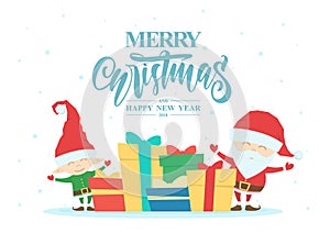 Greeting card with Santa Claus, elf, gift boxes and hand drawn lettering of Merry Christmas and Happy New Year