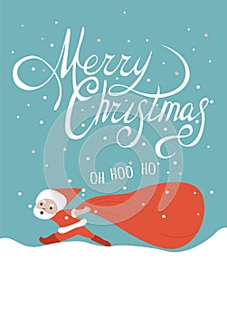 greeting card with Santa Claus pulling huge bag of gifts