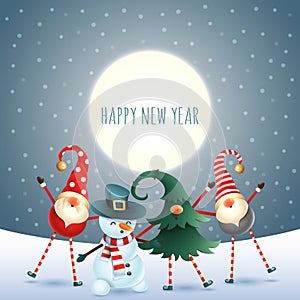 Greeting card - Scandinavian gnomes and snowman celebrate New year in front of magical moon - dark blue snowy background