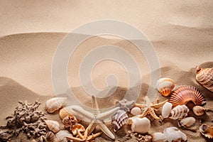 Greeting card for sea vacation memories, place for text in upper part of image. Seashells, starfish and dry seaweed on beige sand