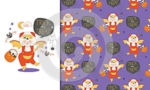 Greeting card and seamless pattern of Halloween vector cute cartoon pug puppy wearing bat costume illustrations.