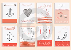 Greeting card set cute sea objects collection.