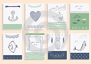 Greeting card set cute sea objects collection.