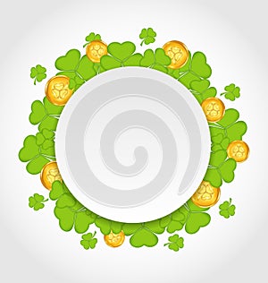 Greeting card with shamrocks and golden coins for