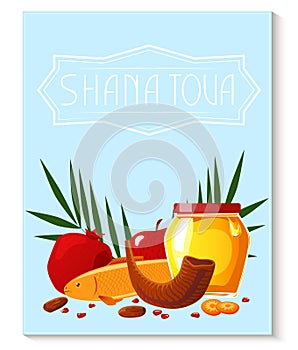 Shana Tova template of banner. New year banner with honey, shofar, apple, pomegranate, fish, carrot, palm.