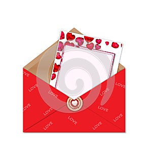 Greeting card with shiny hearts in low poly style and an empty place for your text in a red open envelope. Valentine s Day