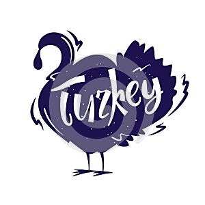 Greeting card with silhouette turkey and lettering text. Vector