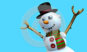 Greeting card of Smiling snow man with black hat and red and green scarf with buttons on the chest modeled in 3d