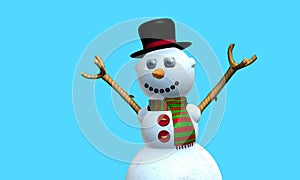 Greeting card of Smiling snow man with black hat and red and green scarf with buttons on the chest modeled in 3d