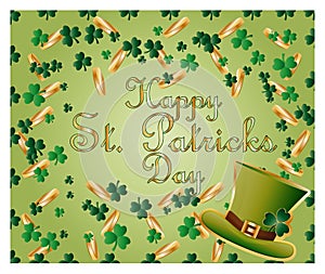 Greeting card of St. Patrick with sparkling green leaves of clover, gold coins, green hat